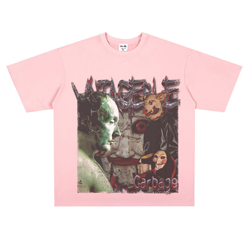 Film Star T Shirt Pure Cotton Loose Short Sleeve American Retro Trendy Printed round Neck T-shirt for Men