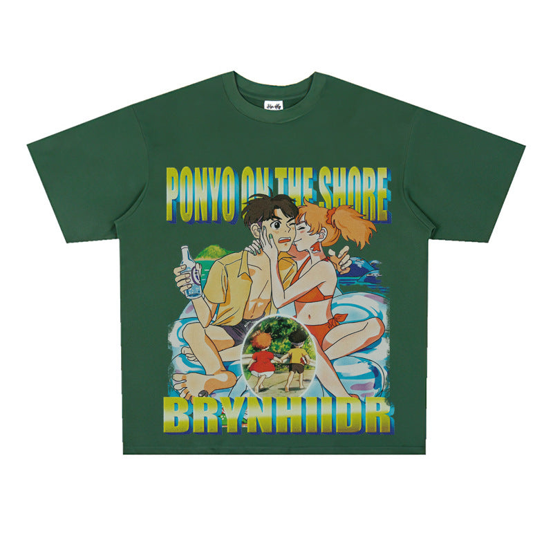 Film Star T Shirt Japanese Cartoons Animation Ponyo on the Cliff by the Sea Movie Loose Heavy Street Cotton T-shirt