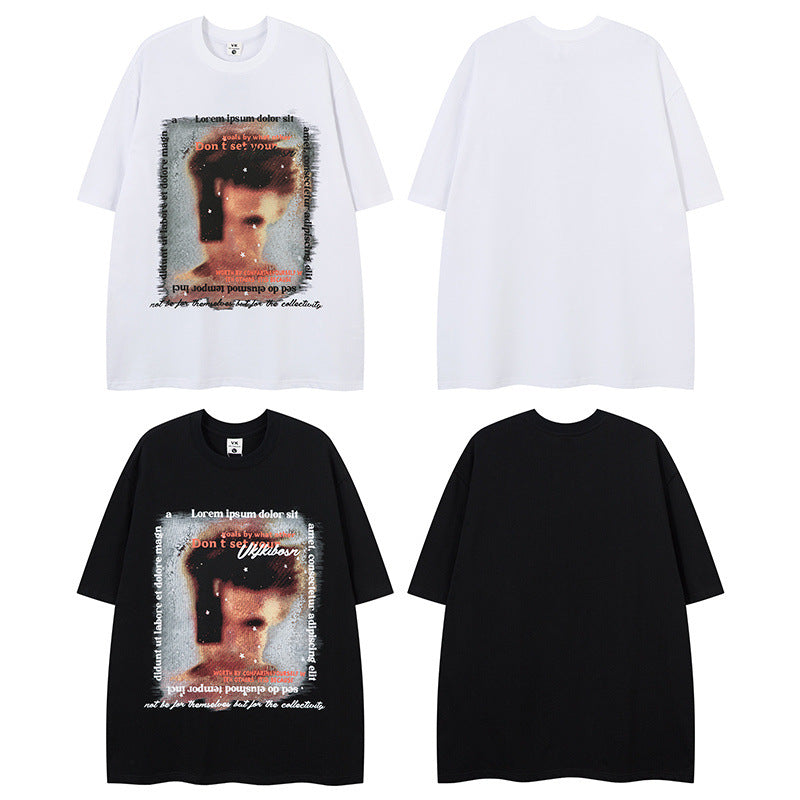 US drip outfits Summer Vintage Portrait Print Casual Loose Short Sleeve T-Shirts