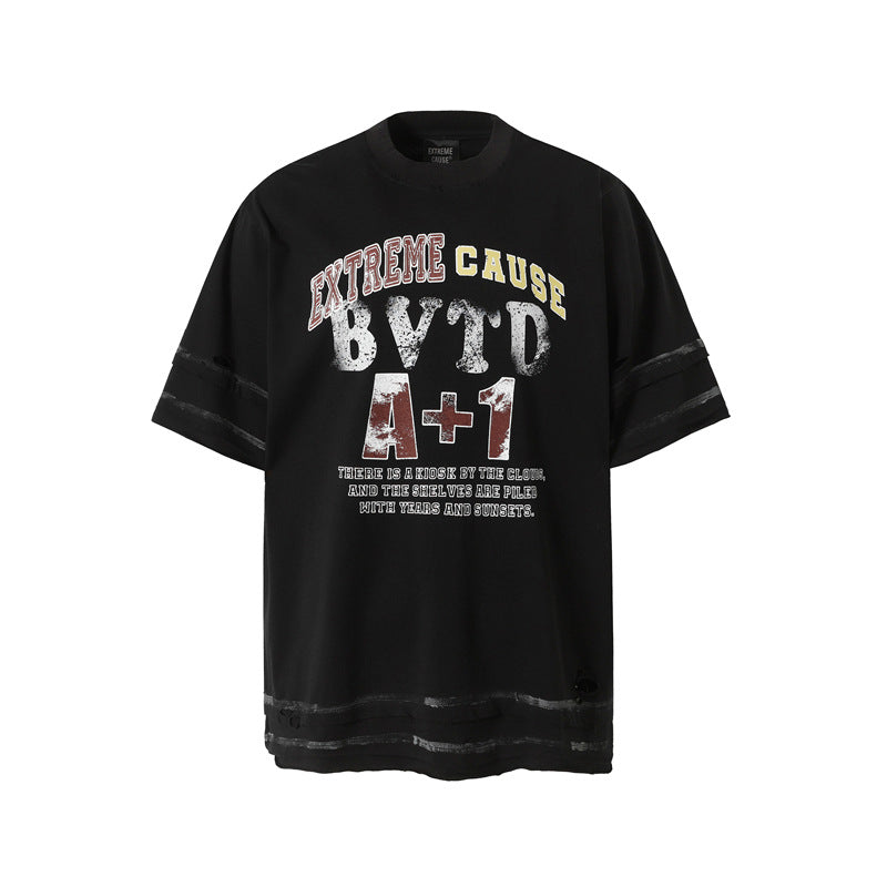 Camisas Retros Washed Old Crew Neck Letter Print Short Sleeve T-Shirt