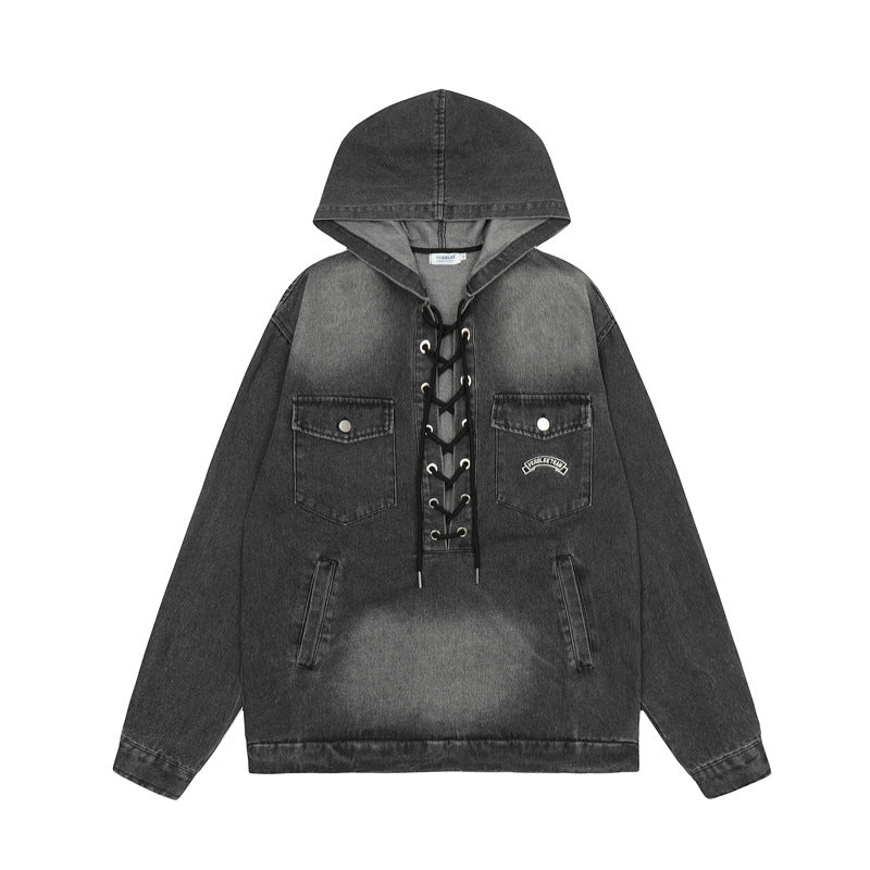 Streetwear Hoodie Hooded Denim Sweater Vintage Washed Old Pullover