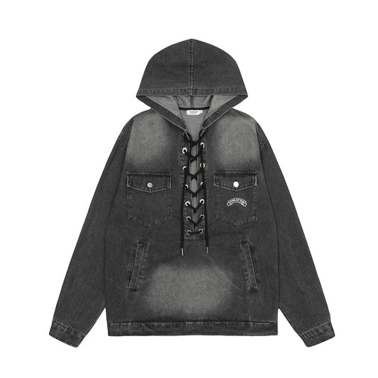 Streetwear Hoodie Hooded Denim Sweater Vintage Washed Old Pullover