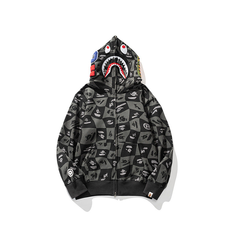 Ape Hoodie Checkered Embroidered Black and Grey Sweater Zipper Hooded Jacket Cardigan