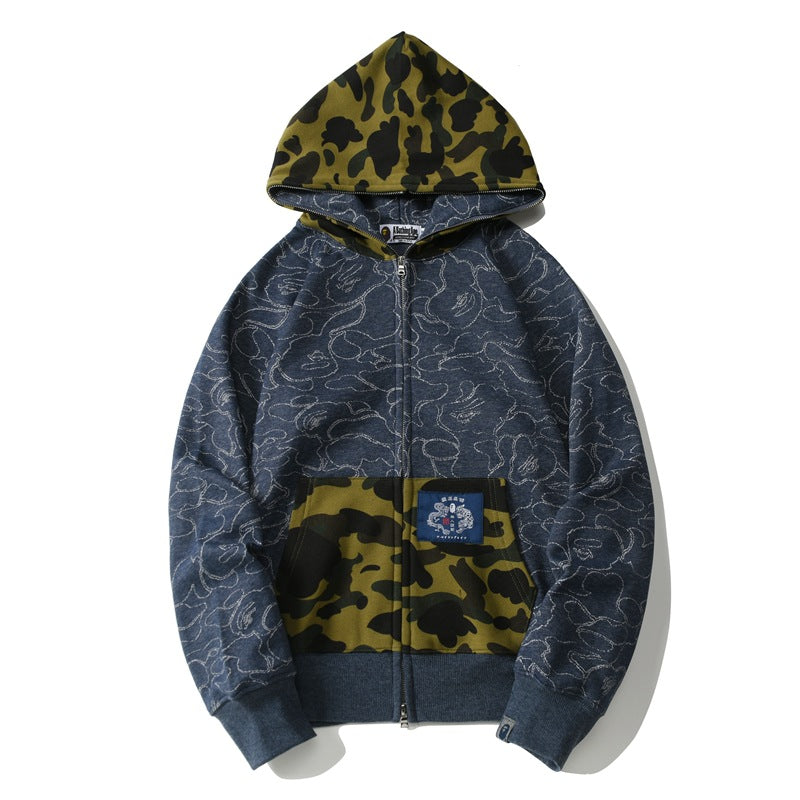 Ape Hoodie Camo Ape Head Embroidered Splicing Hooded Cardigan Zip Sweater Jacket
