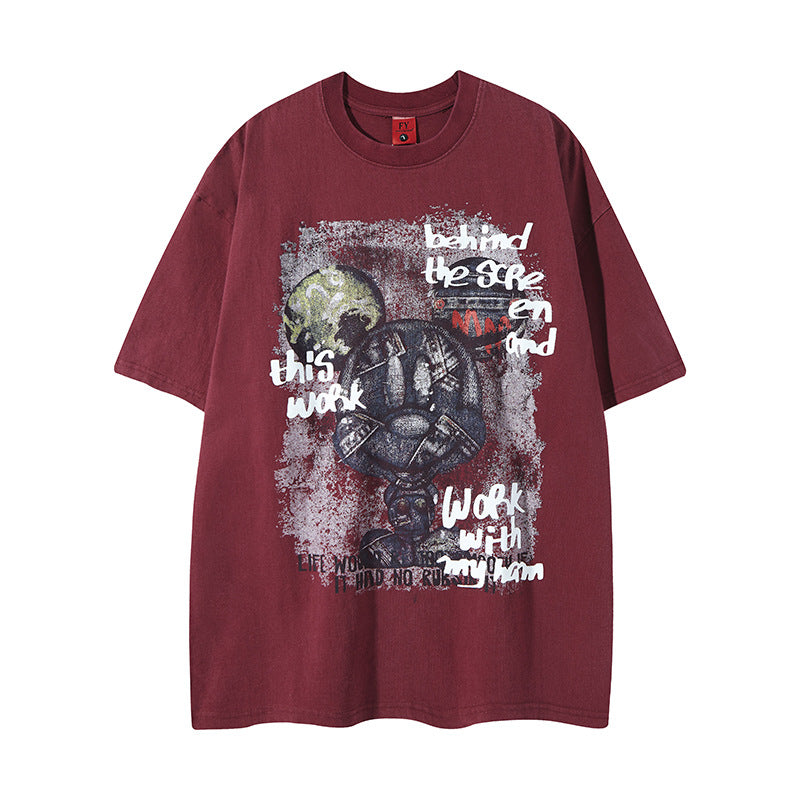 Hip Hop Clothes New York Vintage Washed Old Alphabet Embroidery Short Sleeve Loose Hip Hop T-Shirt