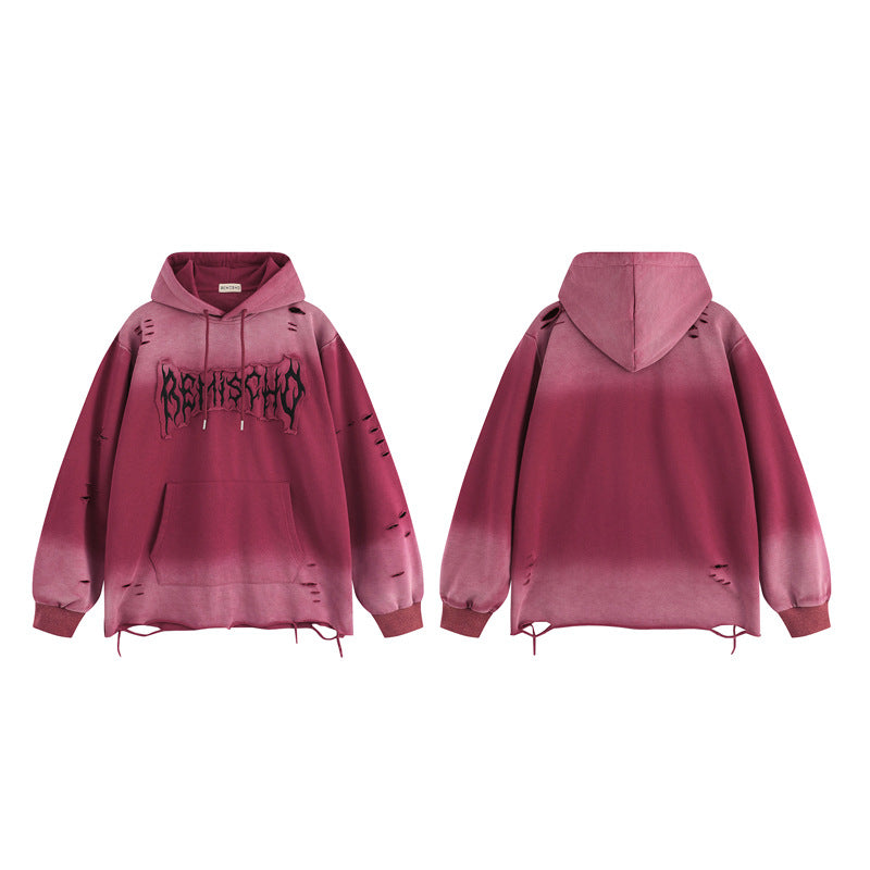 Streetwear Hoodie embroidery gradual change color hooded sweater vintage washed do old ripped hoodie