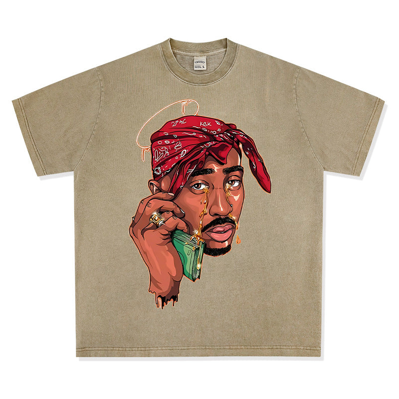 Streetwear masculino vintage hip hop tupac print short sleeve t-shirt