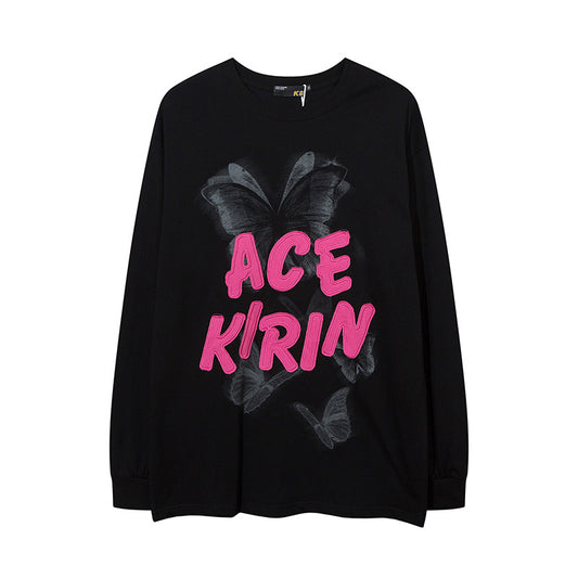Vintage T Shirts Hip Hop Butterfly Letter Embroidery Long Sleeve T-Shirt