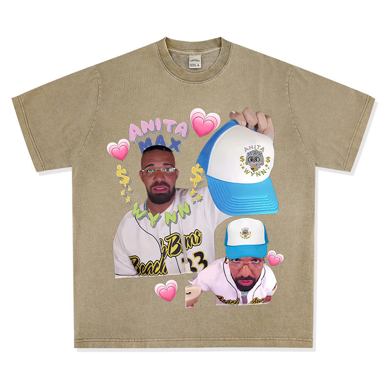 Outfit streetwear vintage hip hop drake print short sleeve t-shirt