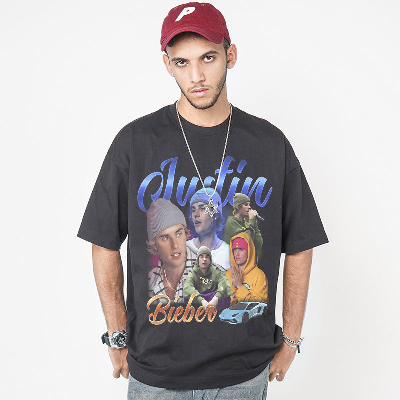 Cool t rapper Justin Bieber print short sleeve t-shirt
