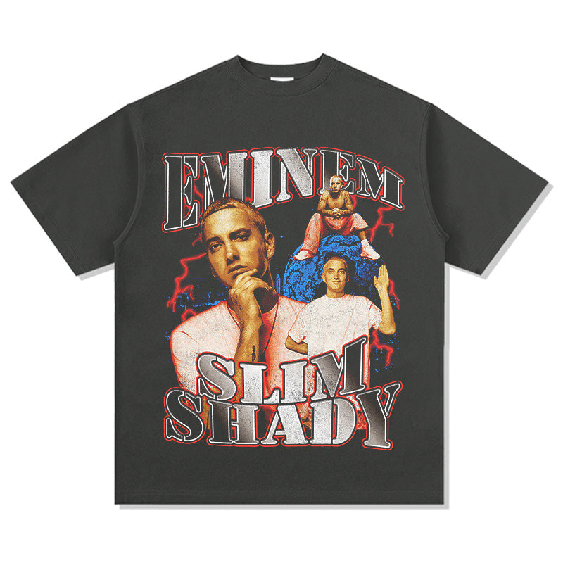 Cool t rapper Eminem Printed Hip Hop Short Sleeve Washed Old T-Shirt