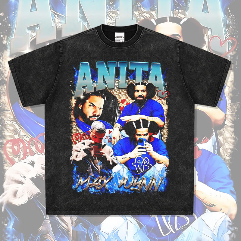 Marcas streetwear usa vintage hip hop Drake AnitaMaxWin print short sleeve t-shirt