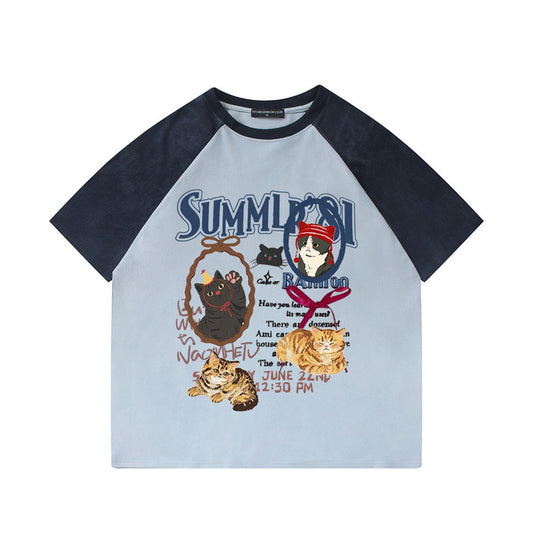 US drip outfits summer vintage alphabet pussy print casual loose short sleeve T-Shirts