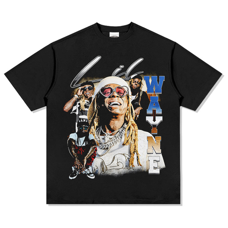 Streetwear masculino retro Lil Wayne print short sleeve t-shirt