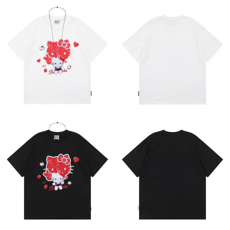 US drip outfits Summer Vintage Pussy Print Casual Loose Short Sleeve T-Shirts