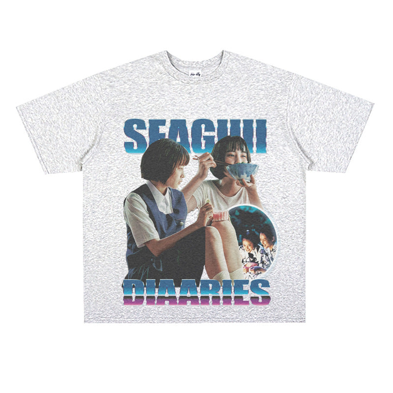 Film Star T Shirt Sea Street Diary Loose Retro Street Pure Cotton American T-shirt Men and Women