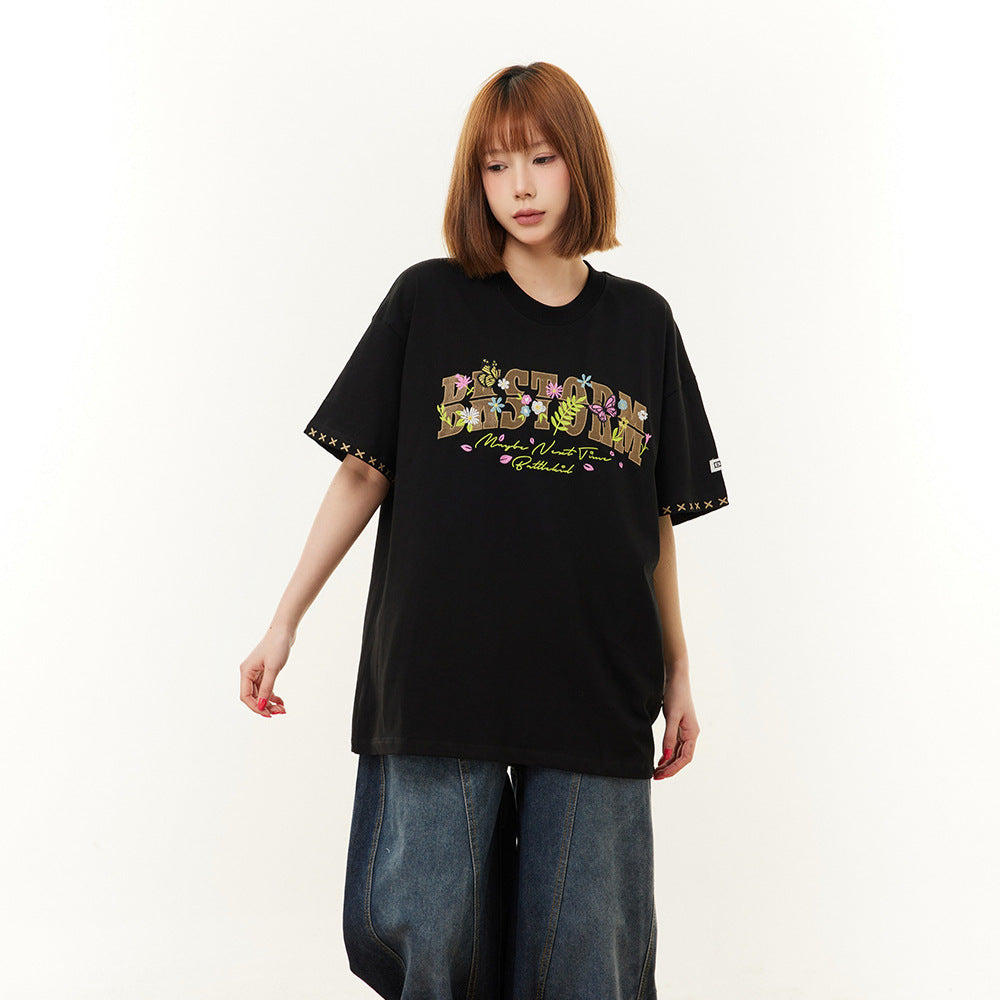 New York Hip Hop Style Vintage Butterfly Floral Alphabet Print Short Sleeve T-Shirt
