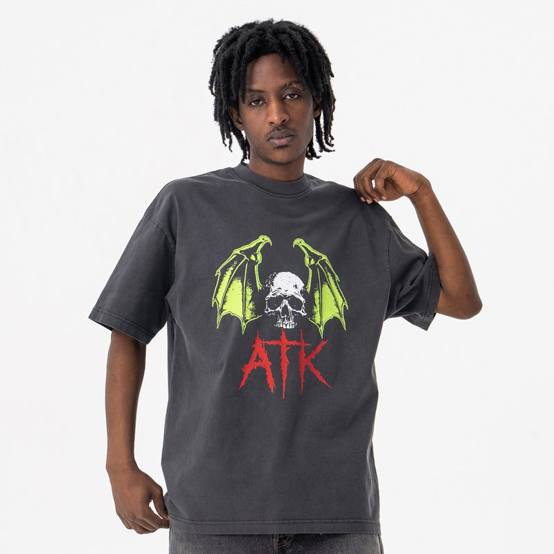 Vintage College Shirts Summer Demon Skull Letter Crew Neck Short Sleeve T-Shirt