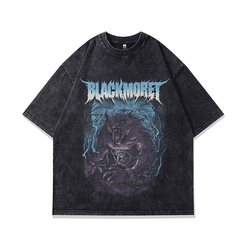 Vintage T Shirts Hip Hop Wolf King Pattern Short Sleeve T-Shirt Old Loose Oversize