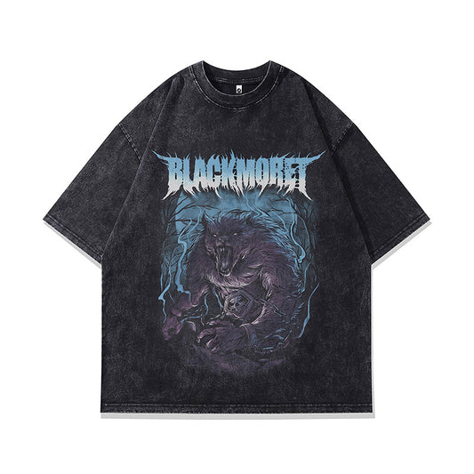 Vintage T Shirts Hip Hop Wolf King Pattern Short Sleeve T-Shirt Old Loose Oversize