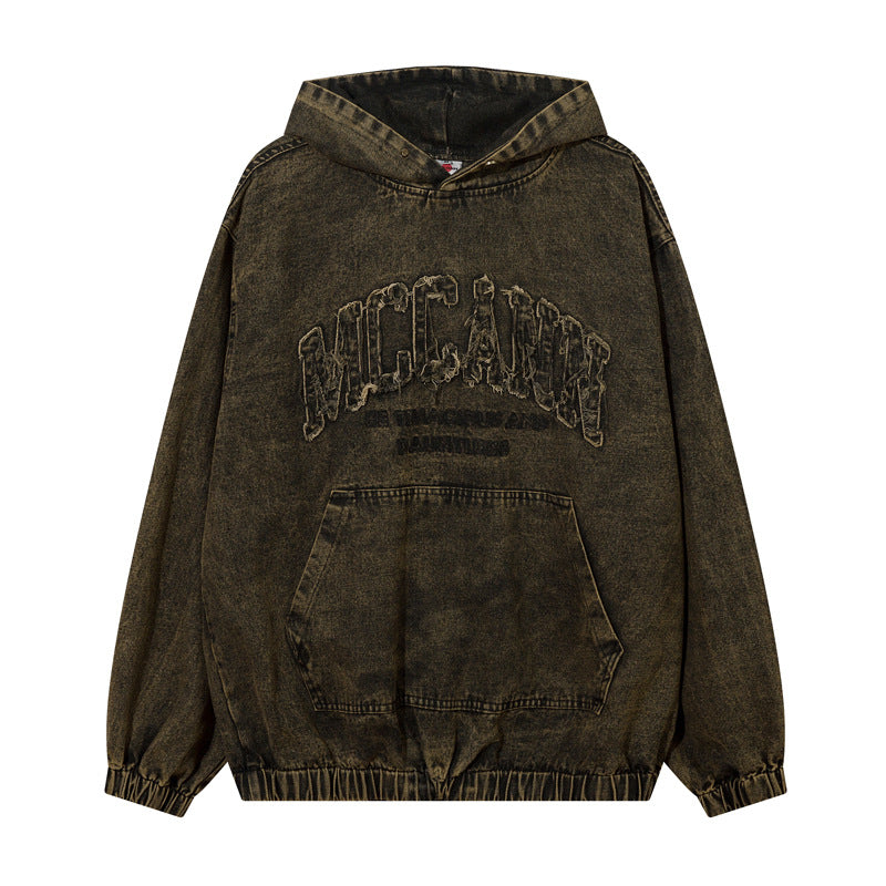 Streetwear Hoodie Vintage Washed Old Denim Hooded Sweater Embroidered Jacket