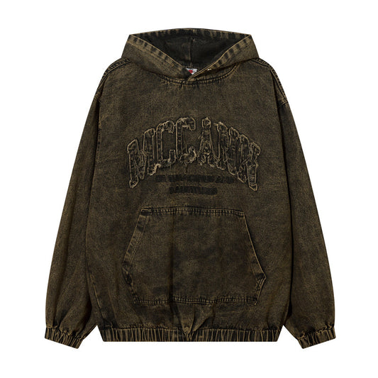 Streetwear Hoodie Vintage Washed Old Denim Hooded Sweater Embroidered Jacket