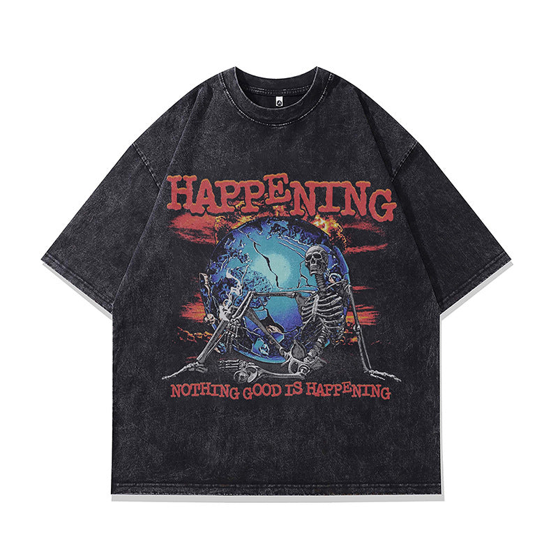 Ropa Vintage Hombre Vintage Wash Old Printed Short Sleeve T-Shirt