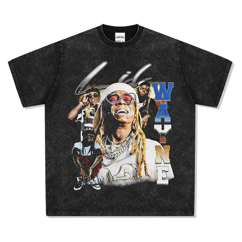 Streetwear masculino retro Lil Wayne print short sleeve t-shirt
