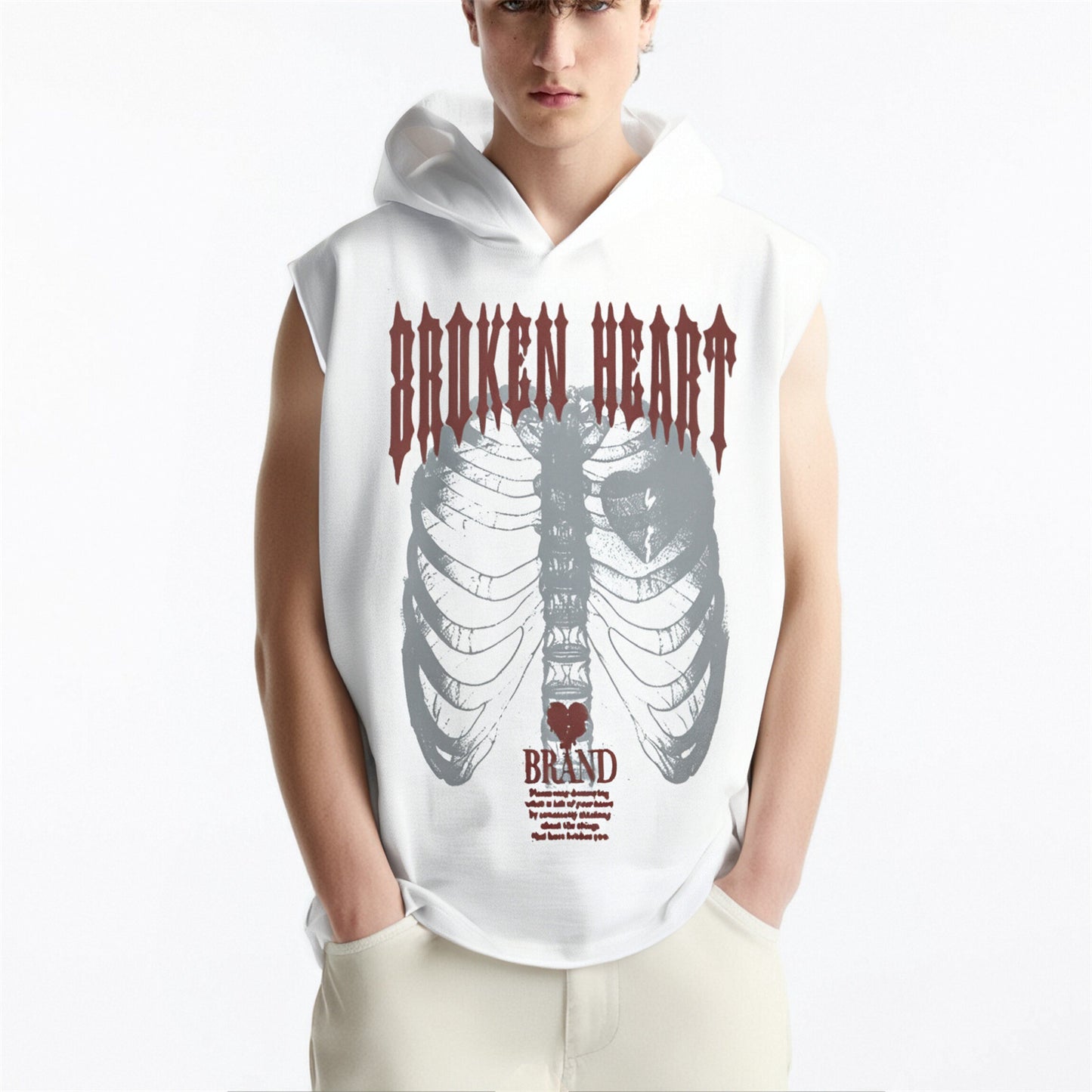 Distorted vintage sleeveless t-shirt loose casual hooded vest