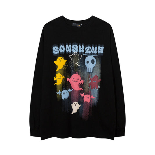 Vintage T Shirts Hip Hop Cartoon Foam Print Long Sleeve T-Shirt