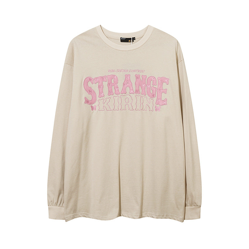 Vintage T Shirts Hip Hop Vintage Alphabet Patch Embroidered Long Sleeve T-Shirt