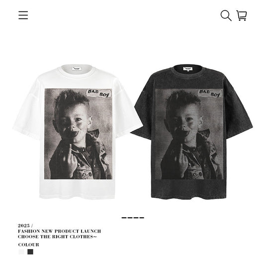 American vintage street T-shirt loose pure cotton men's summer