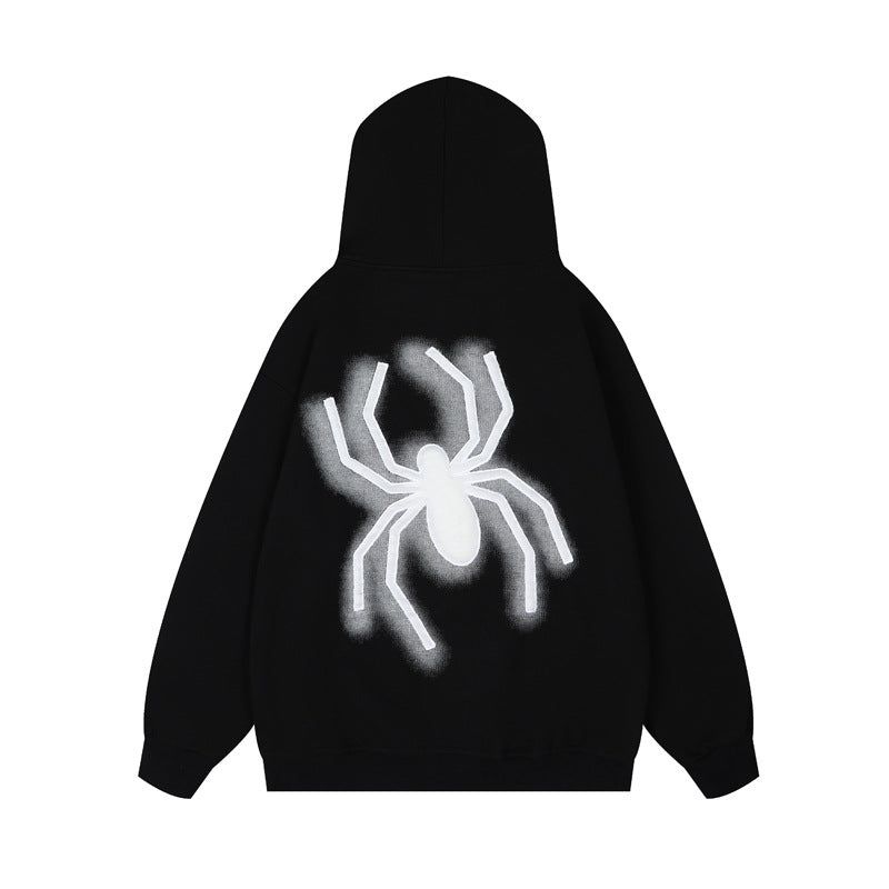 Streetwear Hoodie Vintage Spider Embroidered Hooded Sweater Loose Hip Hop Zip Cardigan Jacket