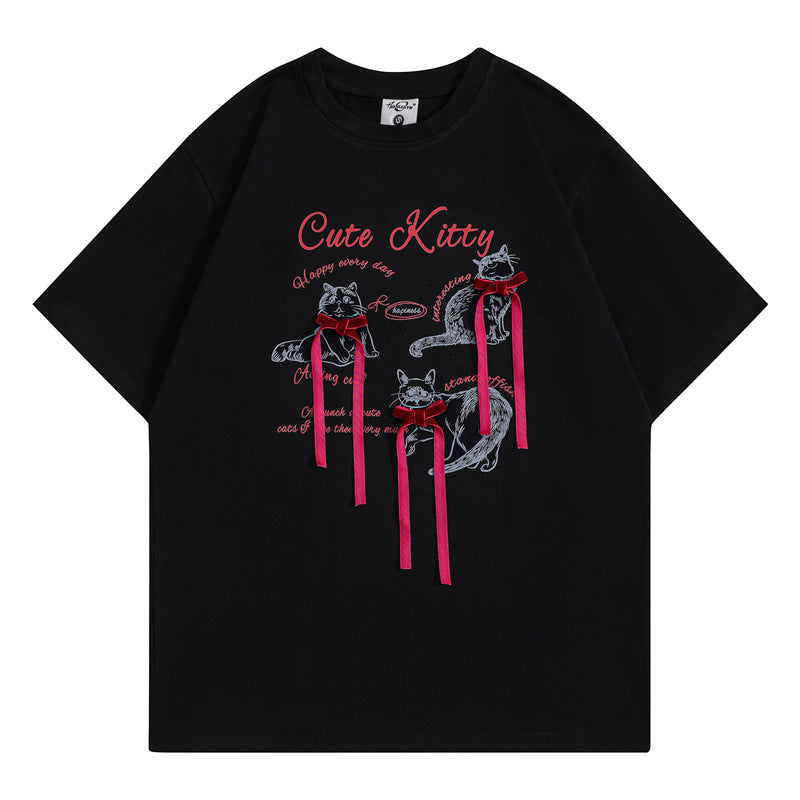 Camisetas streetwear Summer Vintage Kitten Butterfly Tassel Casual Loose Short Sleeve T-Shirt