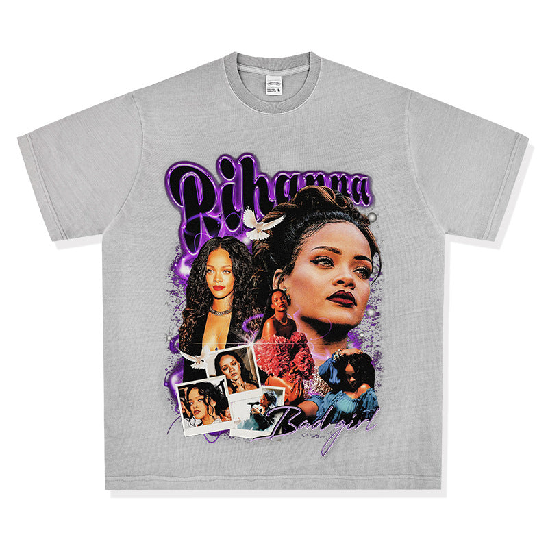 Streetwear masculino hip hop vintage Rihanna print short sleeve t-shirt VINTAGE