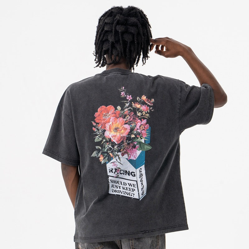 Vic Streetwear Summer Flower Letter Vintage Oversize Short Sleeve T-Shirt