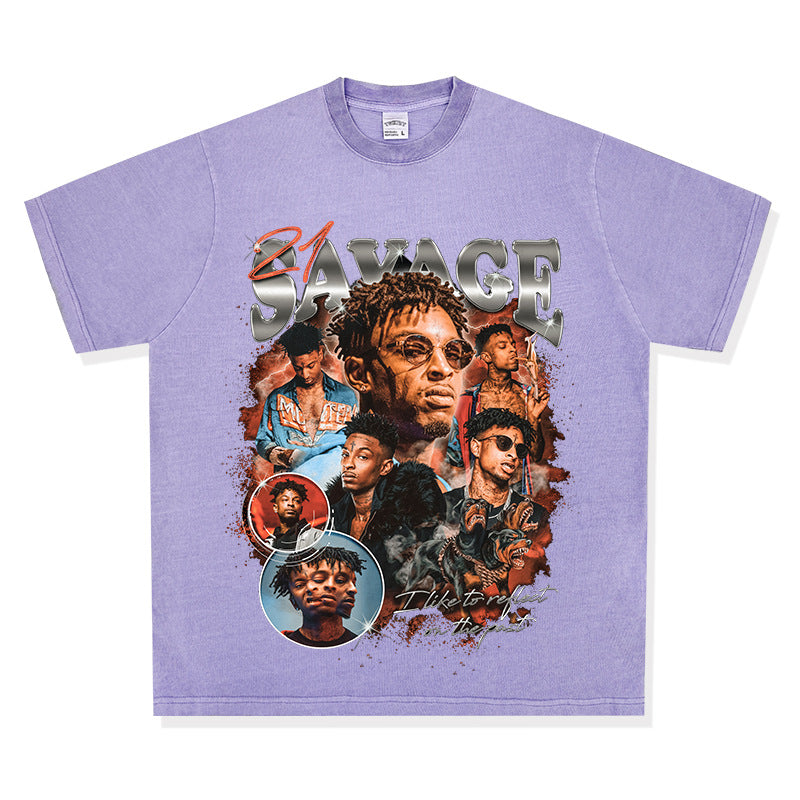 Streetwear masculino vintage 21 Savage print short sleeve hip hop t-shirt
