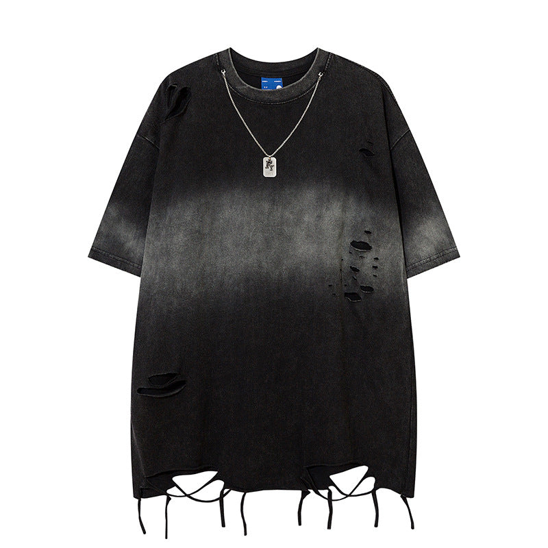 Nostalgia T Shirts Tie-dye gradual change washed hole short sleeve T-shirt