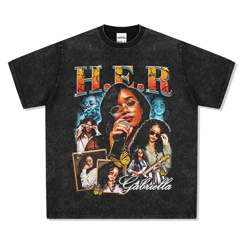 Outfit streetwear vintage hip hop HER print short sleeve t-shirt