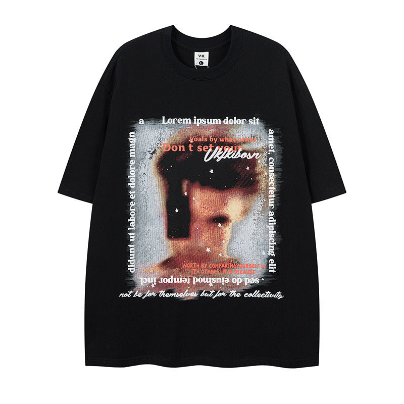 US drip outfits Summer Vintage Portrait Print Casual Loose Short Sleeve T-Shirts