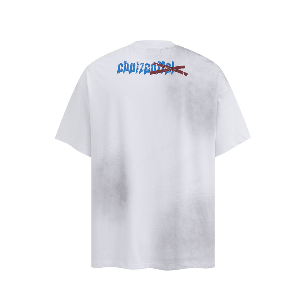 Nostalgia T Shirts Vintage Crew Neck T-Shirt Embroidered Letters Loose Casual