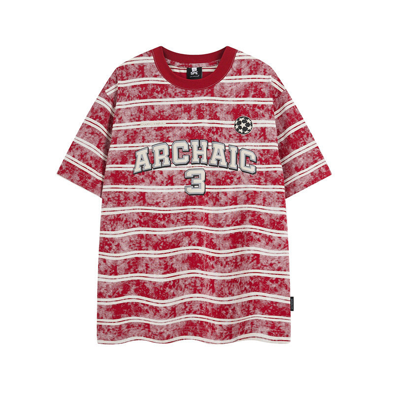 Casual Street Wear Vintage Striped Short Sleeve T-Shirt Crew Neck Loose Casual