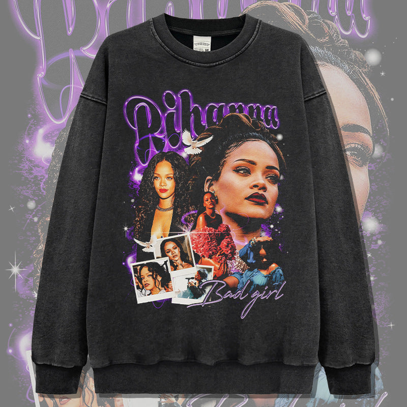 Marcas streetwear usa hip hop Rihanna print crew neck sweater
