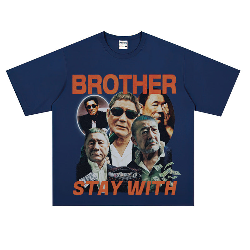 Film Star T Shirt Loose American Retro Street Cotton Crew Neck Personality T-shirt Men and Women