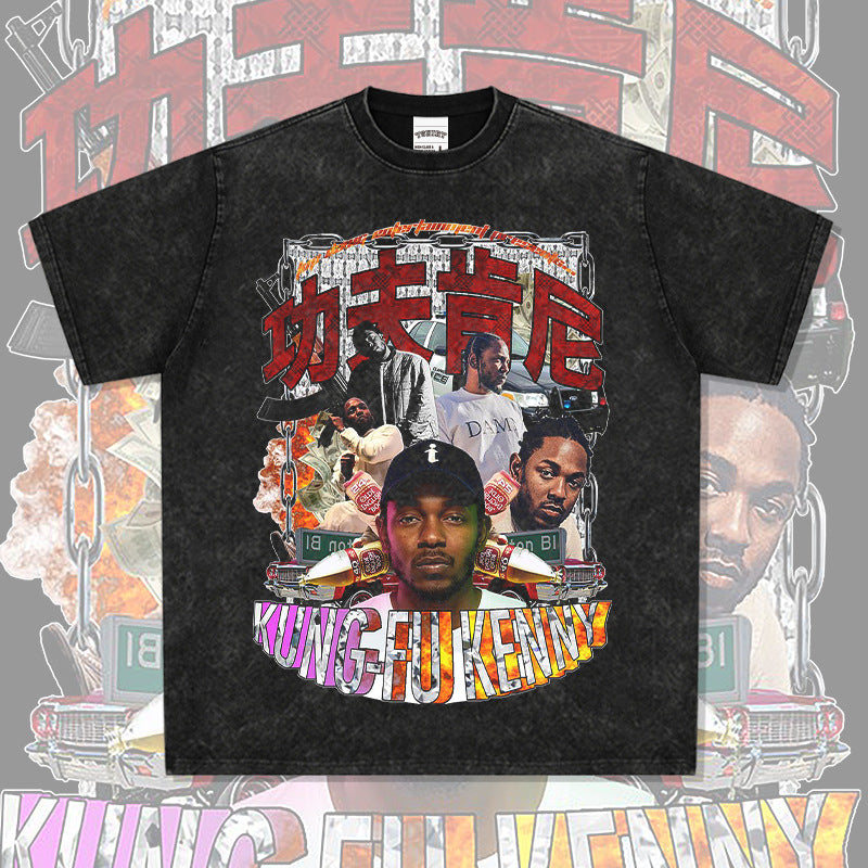 Outfit streetwear Homage Kendrick Lamar Kung Fu Kenny Hip Hop Rap Print Short Sleeve T-Shirt
