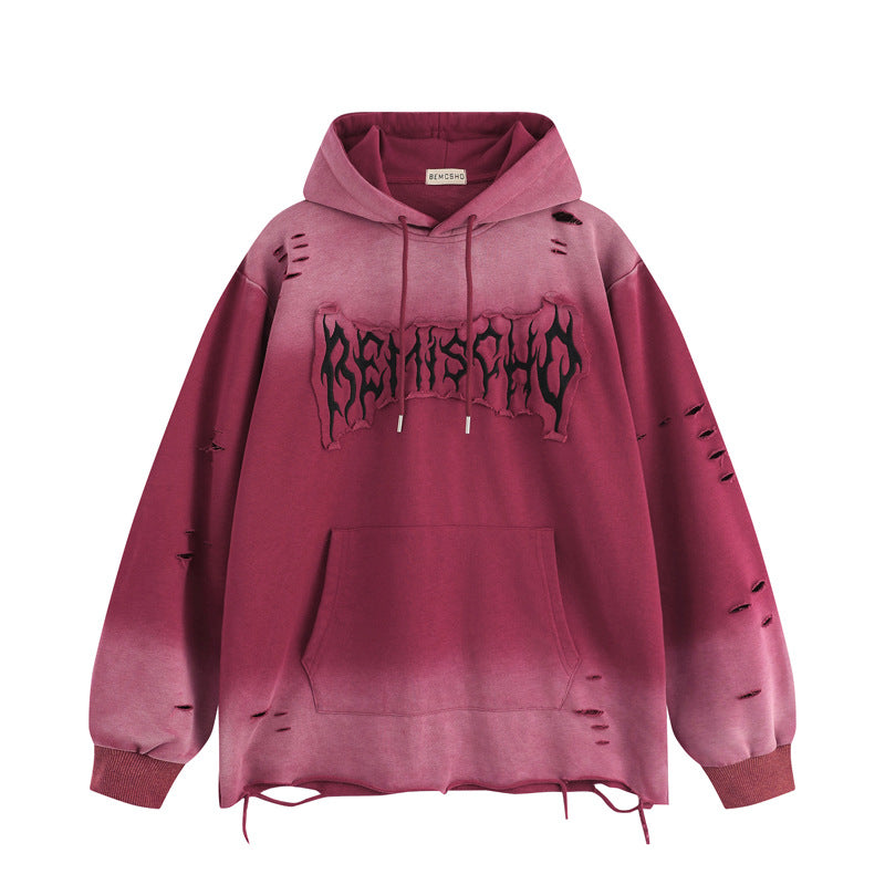 Streetwear Hoodie embroidery gradual change color hooded sweater vintage washed do old ripped hoodie