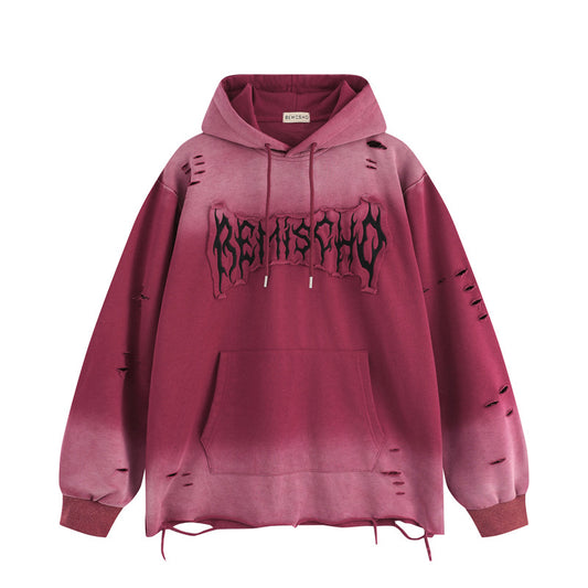 Streetwear Hoodie embroidery gradual change color hooded sweater vintage washed do old ripped hoodie