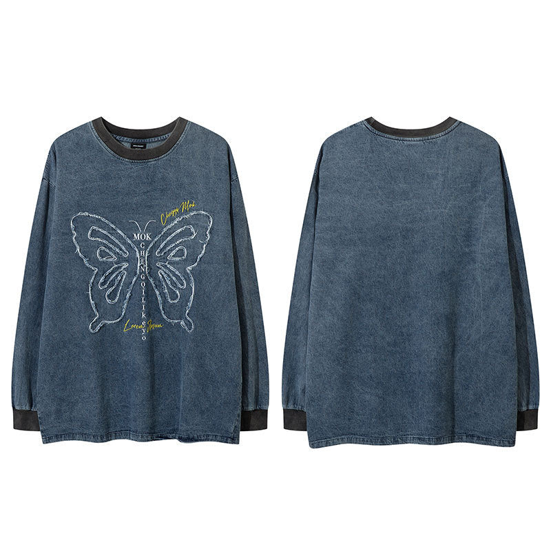 Marcas De Streetwear Vintage Embroidered Washed Denim Long Sleeve T-Shirt