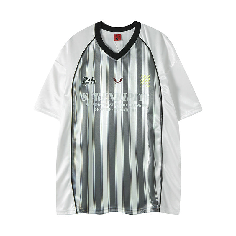 New York Hip Hop Style Vertical Stripe Letter Print V-Neck T-Shirt