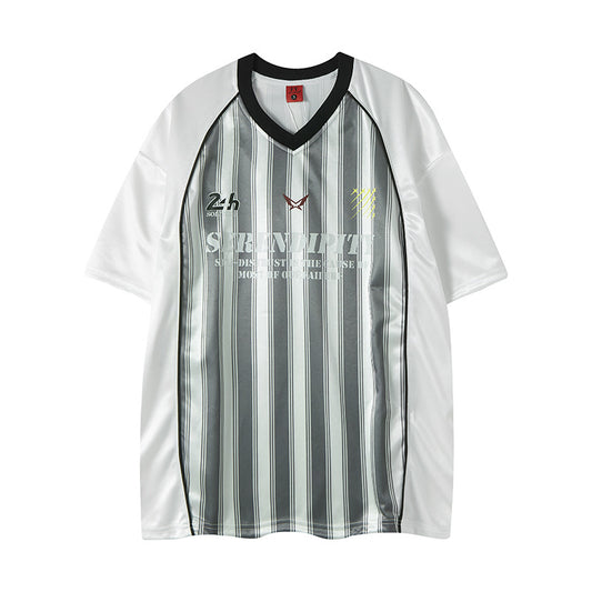 New York Hip Hop Style Vertical Stripe Letter Print V-Neck T-Shirt